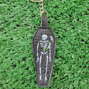 New Handmade Faux Leather Keychain w/ Painted Skeleton and Lavender Flowers